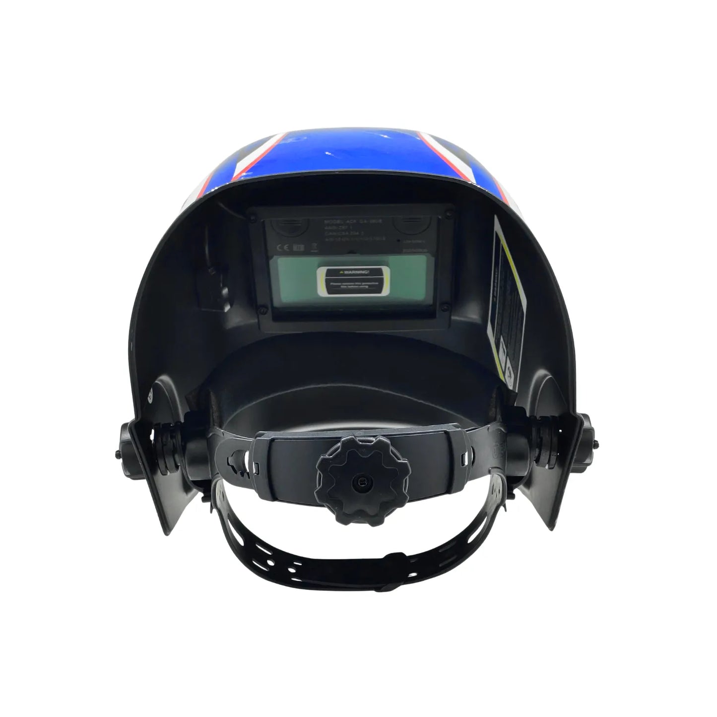 Careta para soldar automática azul, blanca y roja con filtro ADF y arnés de ajuste interno