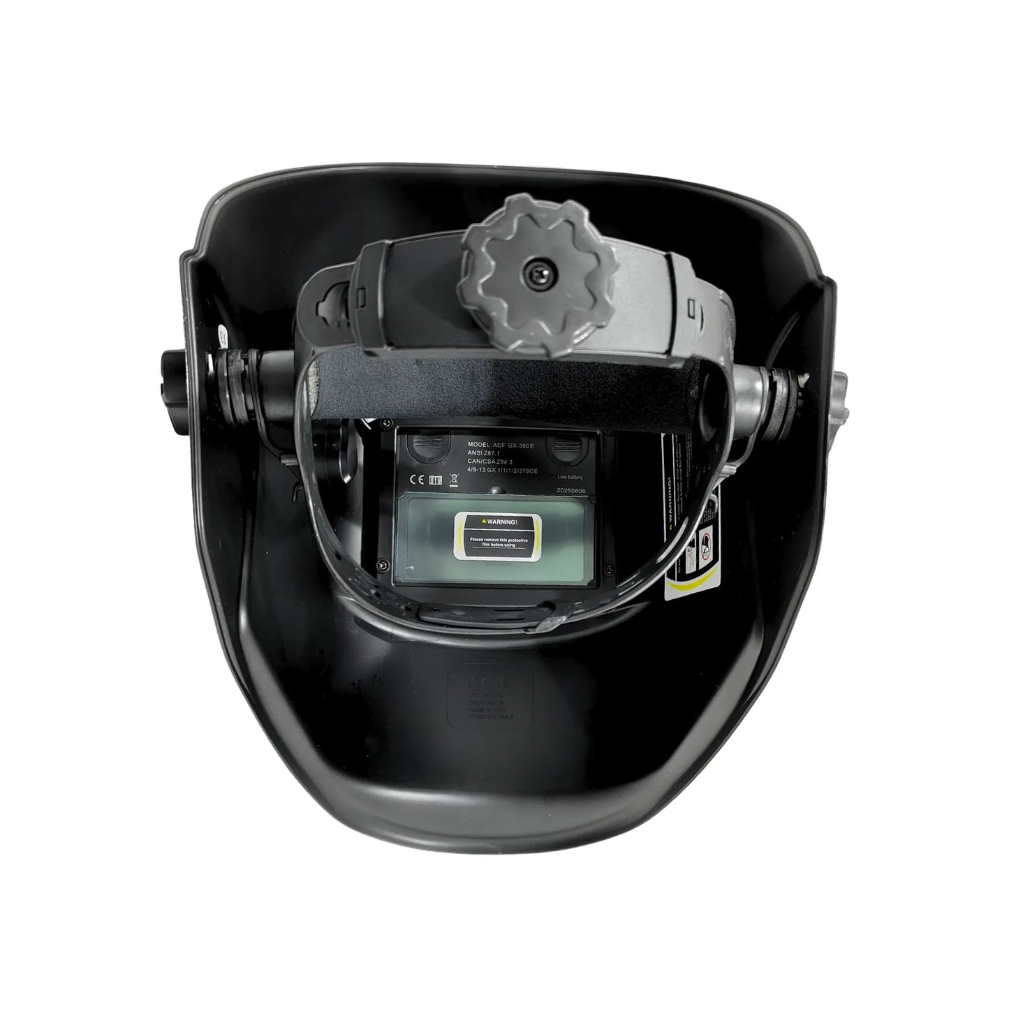 Careta para soldar automática negra, vista interior con filtro ADF y diadema ajustable para protección del soldador.