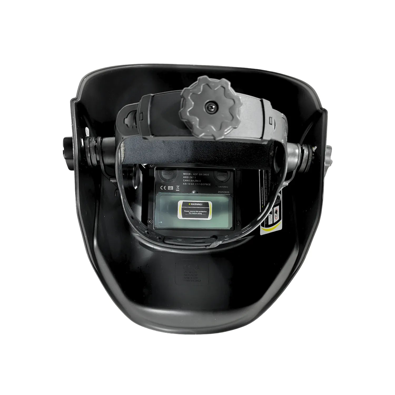 Careta para soldar automática negra, vista interior con filtro ADF y diadema ajustable para protección del soldador.