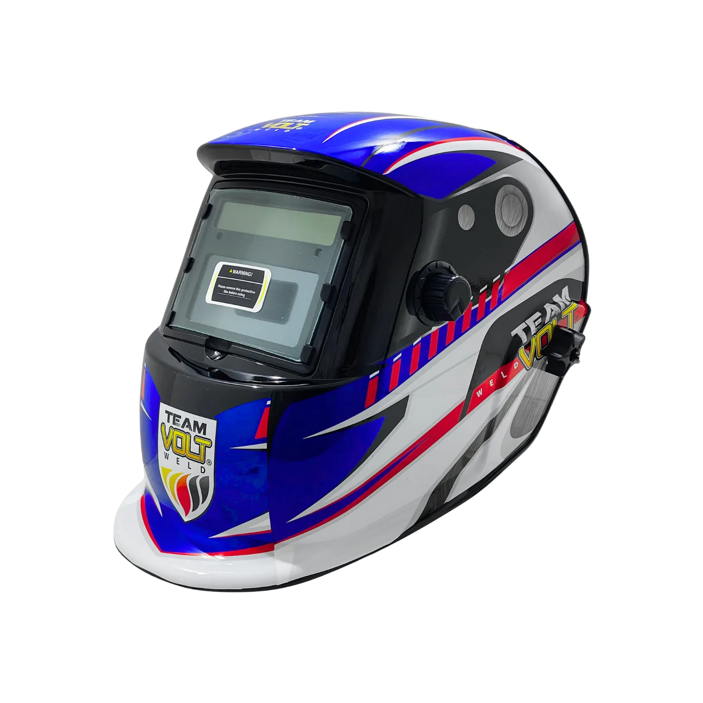 Careta automática para soldar TEAM VOLT con diseño azul, rojo y blanco, protección facial para soldadores profesionales.