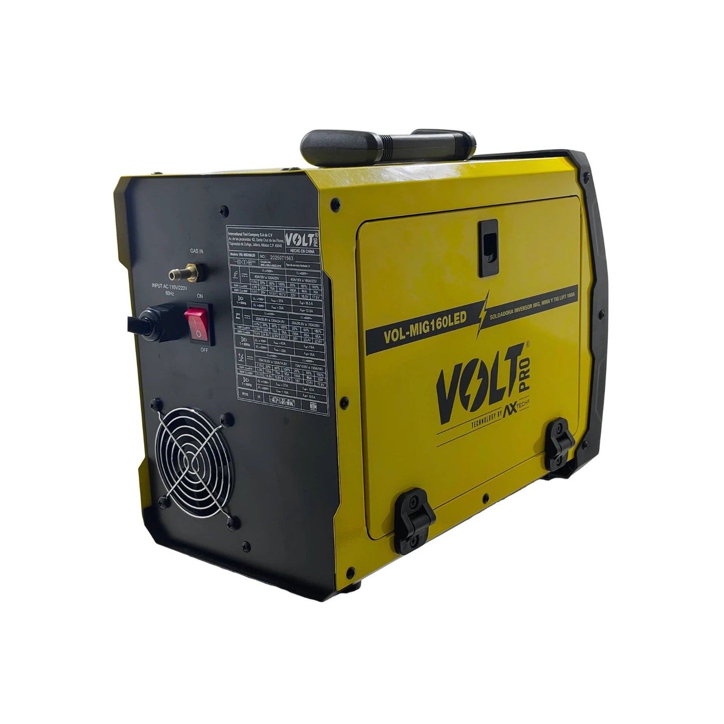 Soldadora inversora Volt PRO amarilla MIG/MMA/TIG Lift 160A. Modelo VOL-MIG160LED con ventilador.