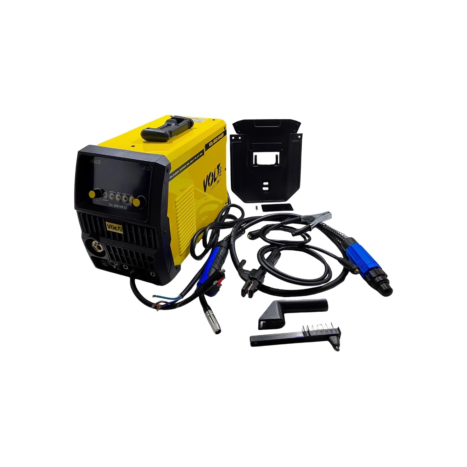 Soldadora inversora Volt MIG160LED 160A amarilla, equipo MIG/MMA con antorcha, pinza de tierra y careta de soldar