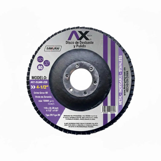 Disco laminado AX Tech 4-1/2" grano 80 para desbaste y pulido de metal y acero inoxidable, tipo 29