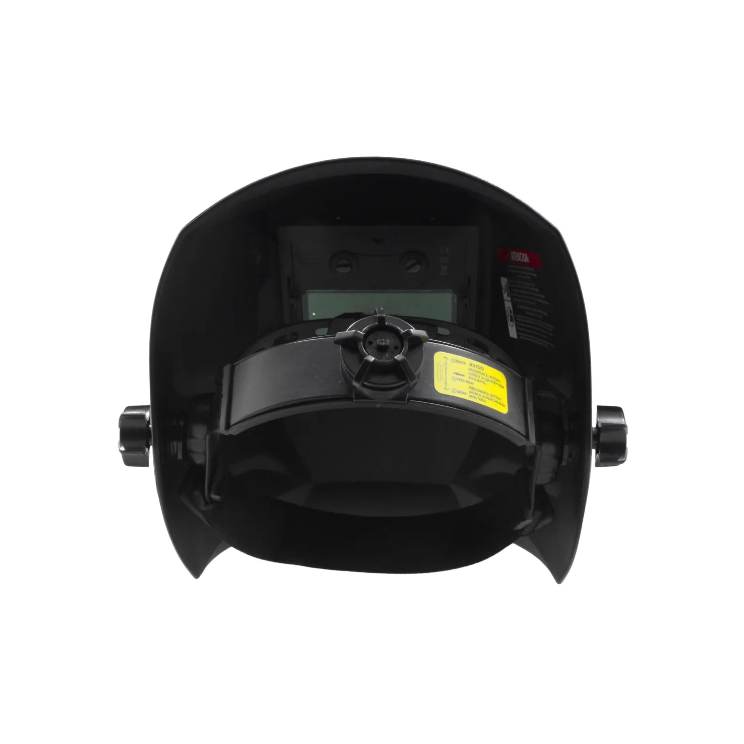 Careta para soldar automática negra vista interior, con arnés de sujeción y filtro auto-oscurecible