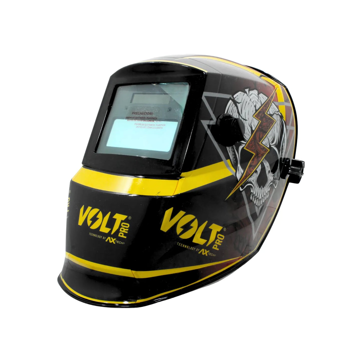 Careta de soldar automática Volt Pro negra y amarilla con diseño de calavera y rayo
