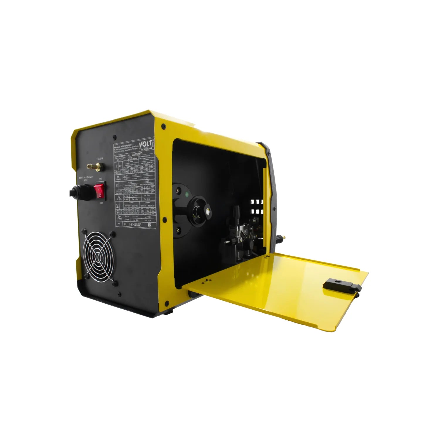 Soldadora inversora MIG/Flux VOLT amarilla, panel lateral abierto mostrando alimentador de alambre