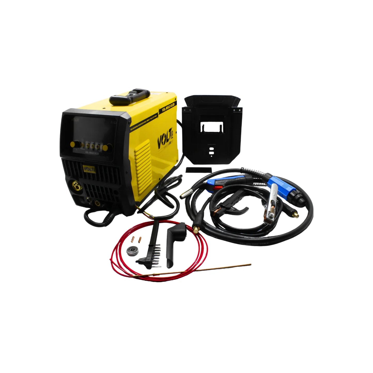 Soldadora inverter VOLT PRO MIG221LED amarilla/negra con antorcha MIG, porta electrodos, careta y cepillo de alambre.