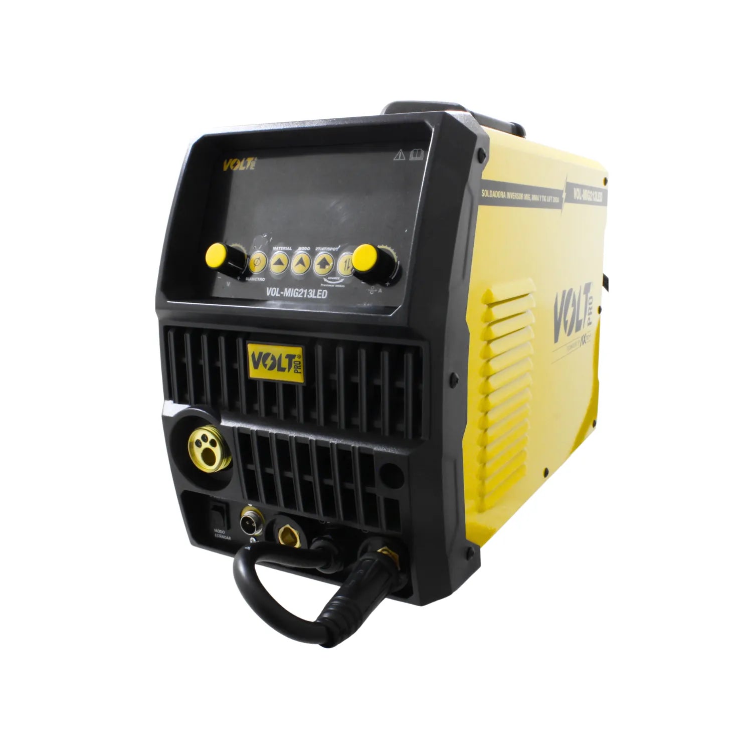 Soldadora inversor VOLT PRO amarilla/negra MIG, MMA, TIG Lift con panel de control digital.