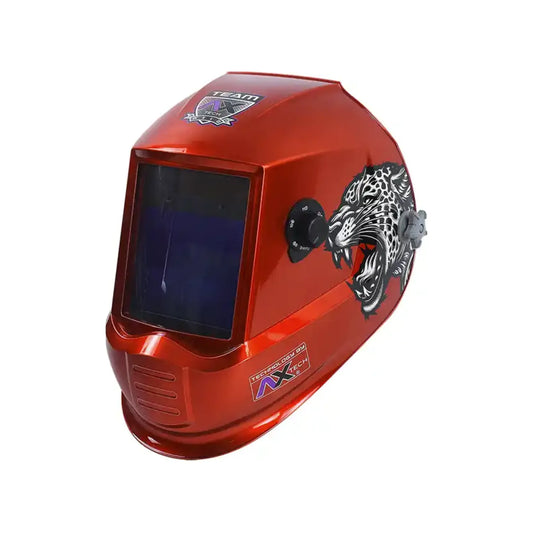 Careta para soldar automática AXTECH JAGUAR roja metálica, casco auto-oscurecimiento con diseño.