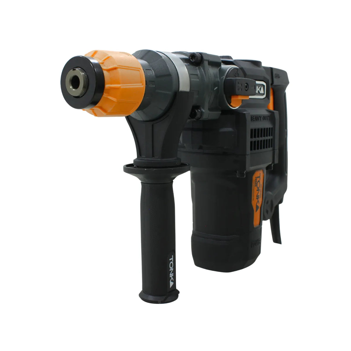 Rotomartillo profesional Tonka negro y naranja con mango auxiliar ergonómico para trabajos pesados en concreto.
