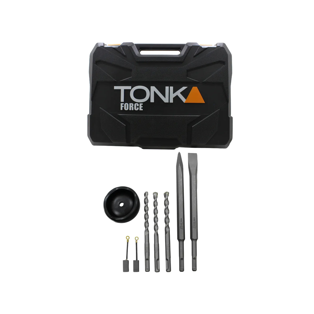 Kit Tonka Force con 3 brocas SDS Plus, 2 cinceles, carbones de repuesto y recolector de polvo en maletín de transporte.