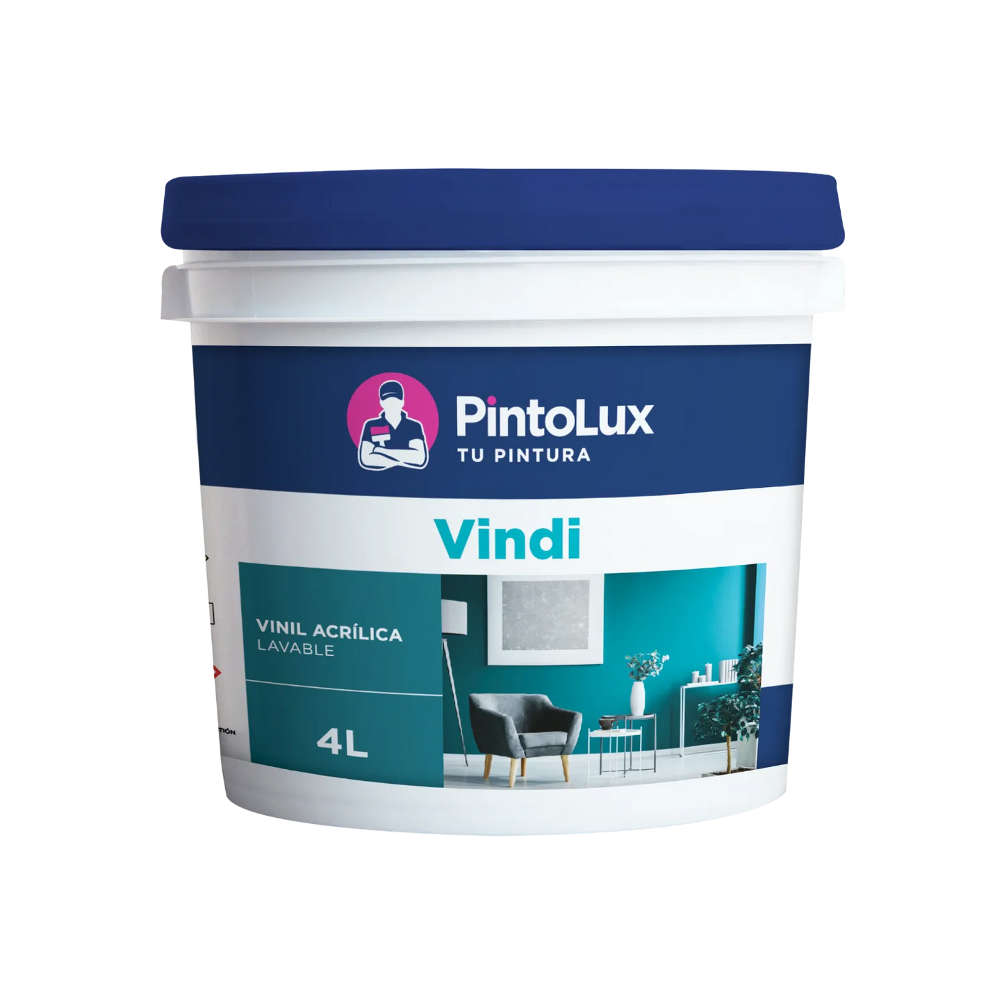 Bote de pintura vinílica acrílica lavable Vindi PintoLux 4L. Ideal para interiores, muestra pared turquesa.