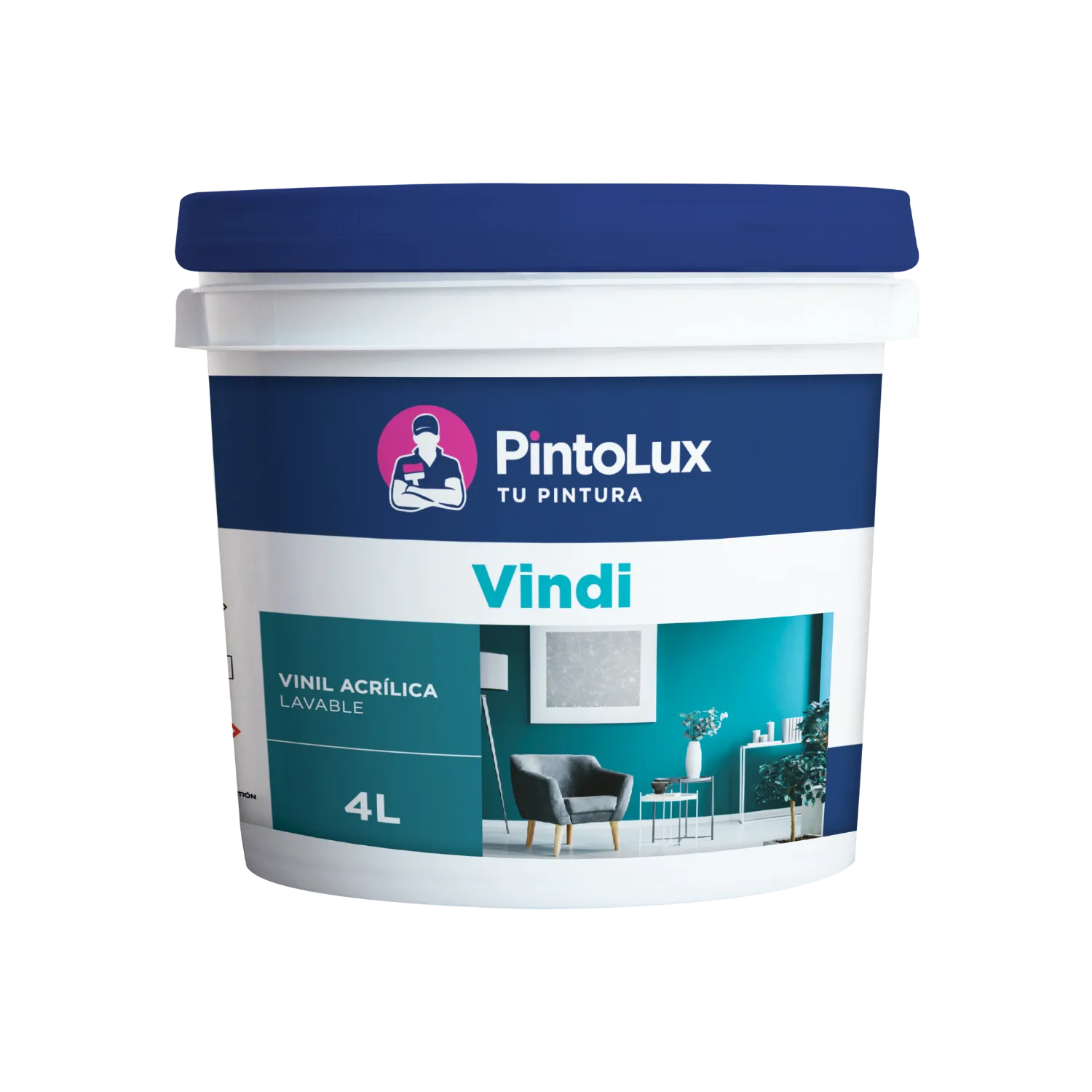 Bote de pintura vinílica acrílica lavable Vindi PintoLux 4L. Ideal para interiores, muestra pared turquesa.