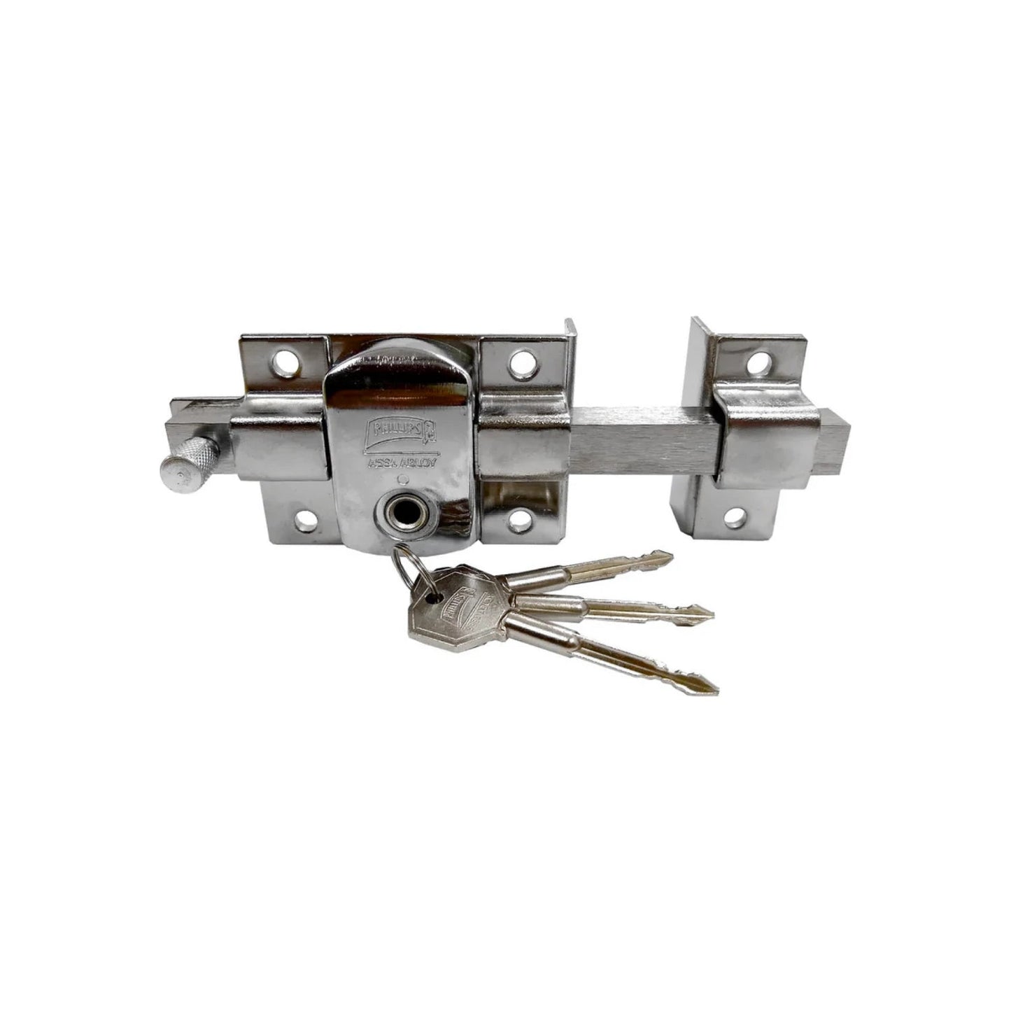 Cerradura de barra Phillips cromada con llave para puertas y portones, incluye 3 llaves de seguridad, acabado brillante