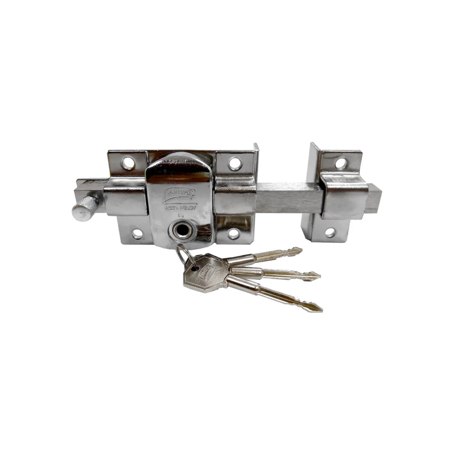 Cerradura de barra Phillips cromada con llave para puertas y portones, incluye 3 llaves de seguridad, acabado brillante