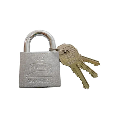 Candado Phillips 102 de 38mm plateado con gancho corto y llaves Assa Abloy para seguridad.