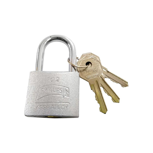 Candado de seguridad Phillips Assa Abloy gris con gancho cromado y tres llaves de latón.