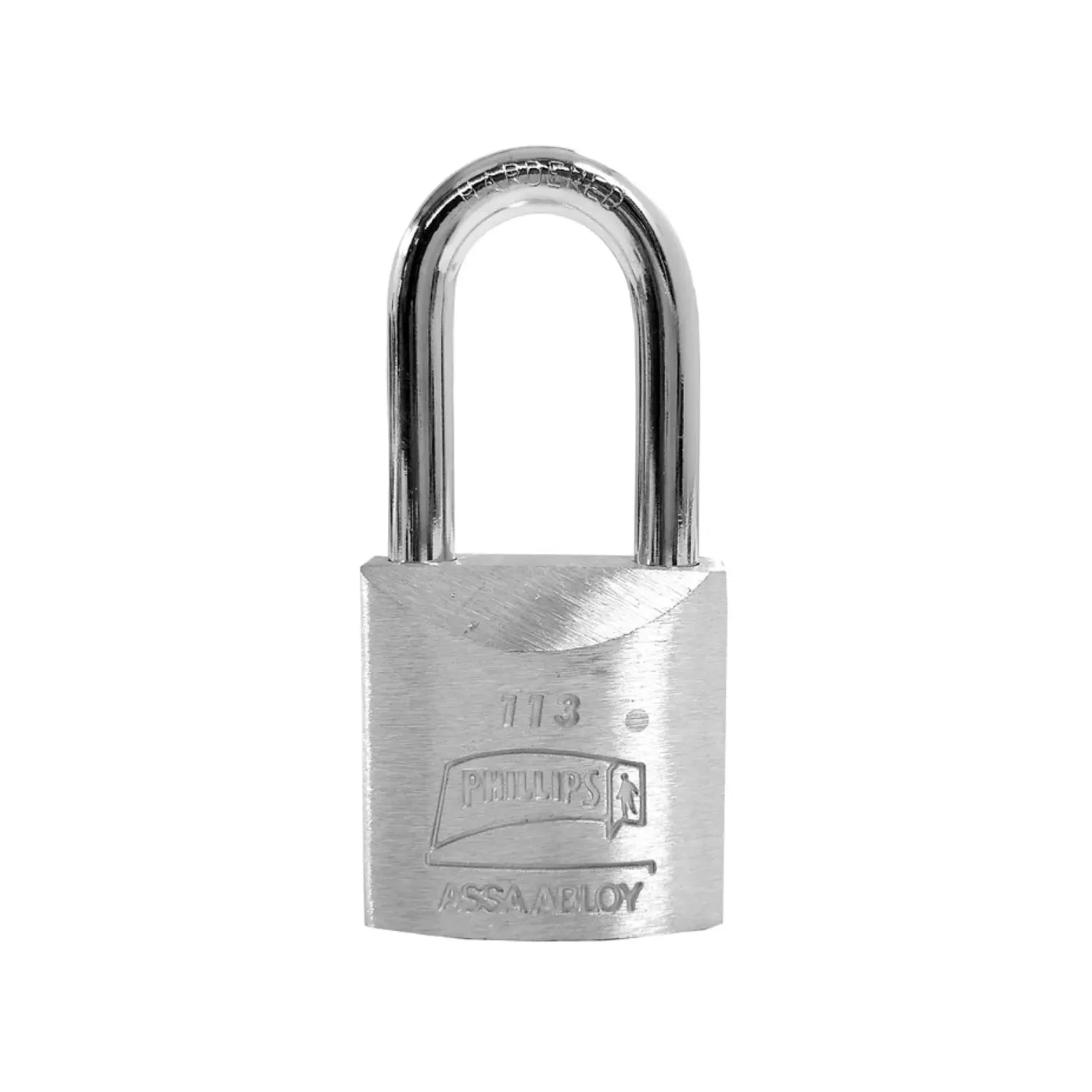 Candado de seguridad Phillips modelo 113 de acero endurecido con arco resistente y acabado cromado plateado