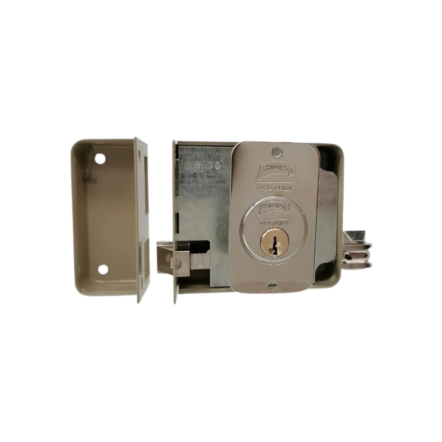 Cerradura de sobreponer Phillips ASSA ABLOY, instalación derecha, acabado cromado y beige, cilindro de seguridad.