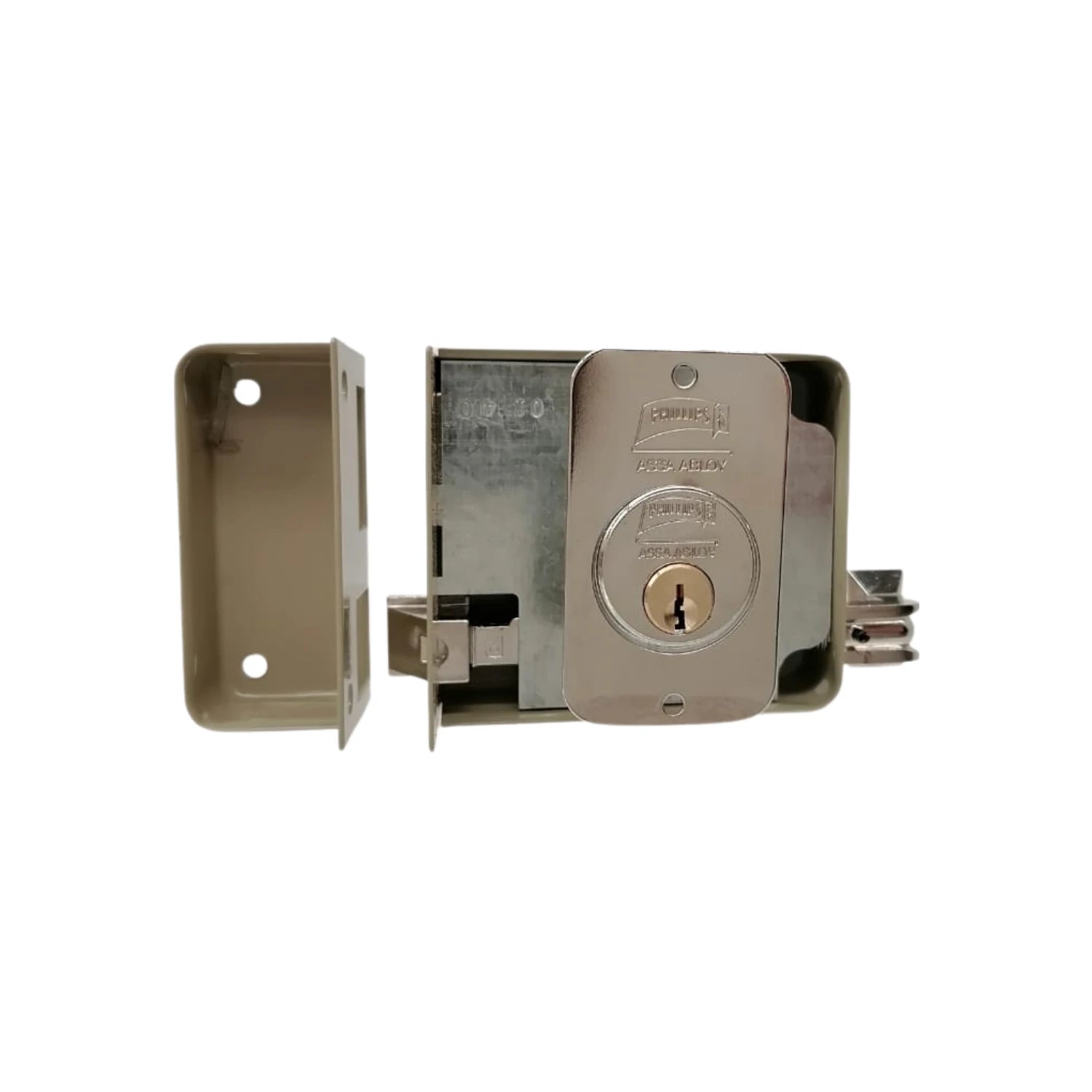 Cerradura de sobreponer Phillips ASSA ABLOY, instalación derecha, acabado cromado y beige, cilindro de seguridad.