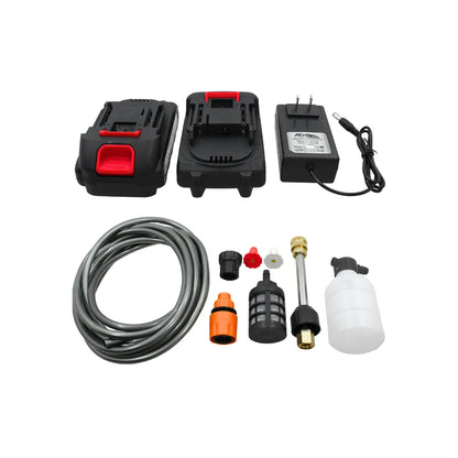 Accesorios Adir para hidrolavadora inalámbrica: 2 baterías, cargador, manguera, boquillas, filtro y cañón de espuma.