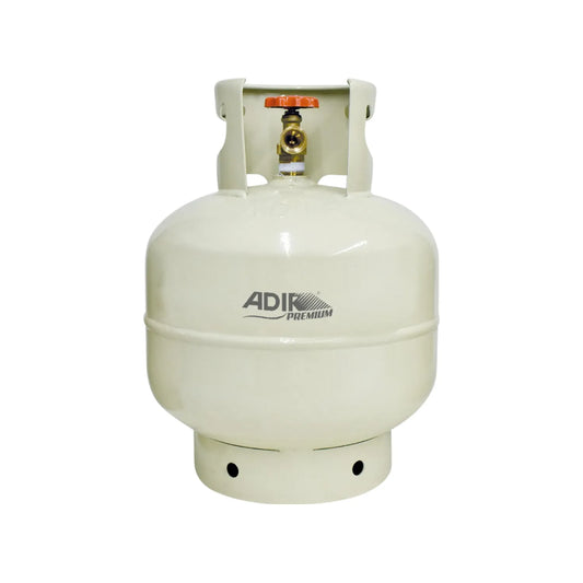 Cilindro de gas LP portátil Adir Premium beige con válvula de seguridad y protector para hogar o camping.