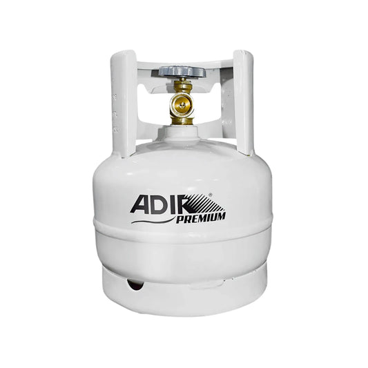 Tanque de gas LP blanco Adir Premium portátil con válvula de seguridad para uso doméstico y camping.