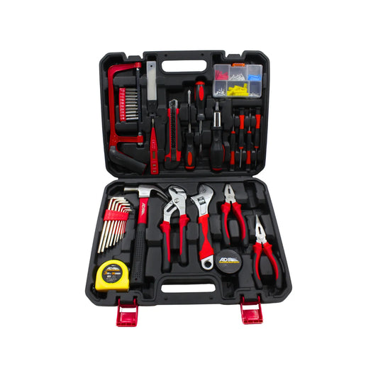 Kit de herramientas ADIR con martillo, pinzas, llaves Allen y flexómetro en maletín organizador negro y rojo.