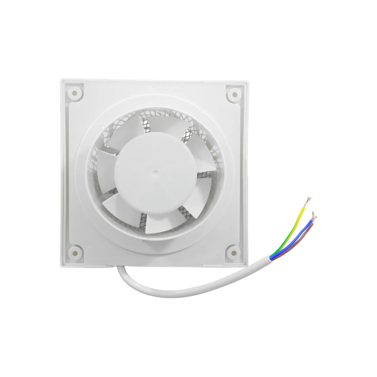 Extractor de aire cuadrado blanco para baño con rejilla protectora y cable de conexión eléctrica de tres hilos
