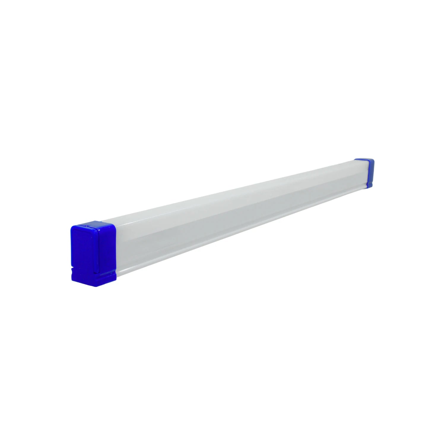 Tubo LED blanco rectangular con tapas azules, luminaria para iluminación de interiores