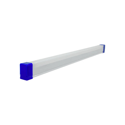 Tubo LED blanco rectangular con tapas azules, luminaria para iluminación de interiores