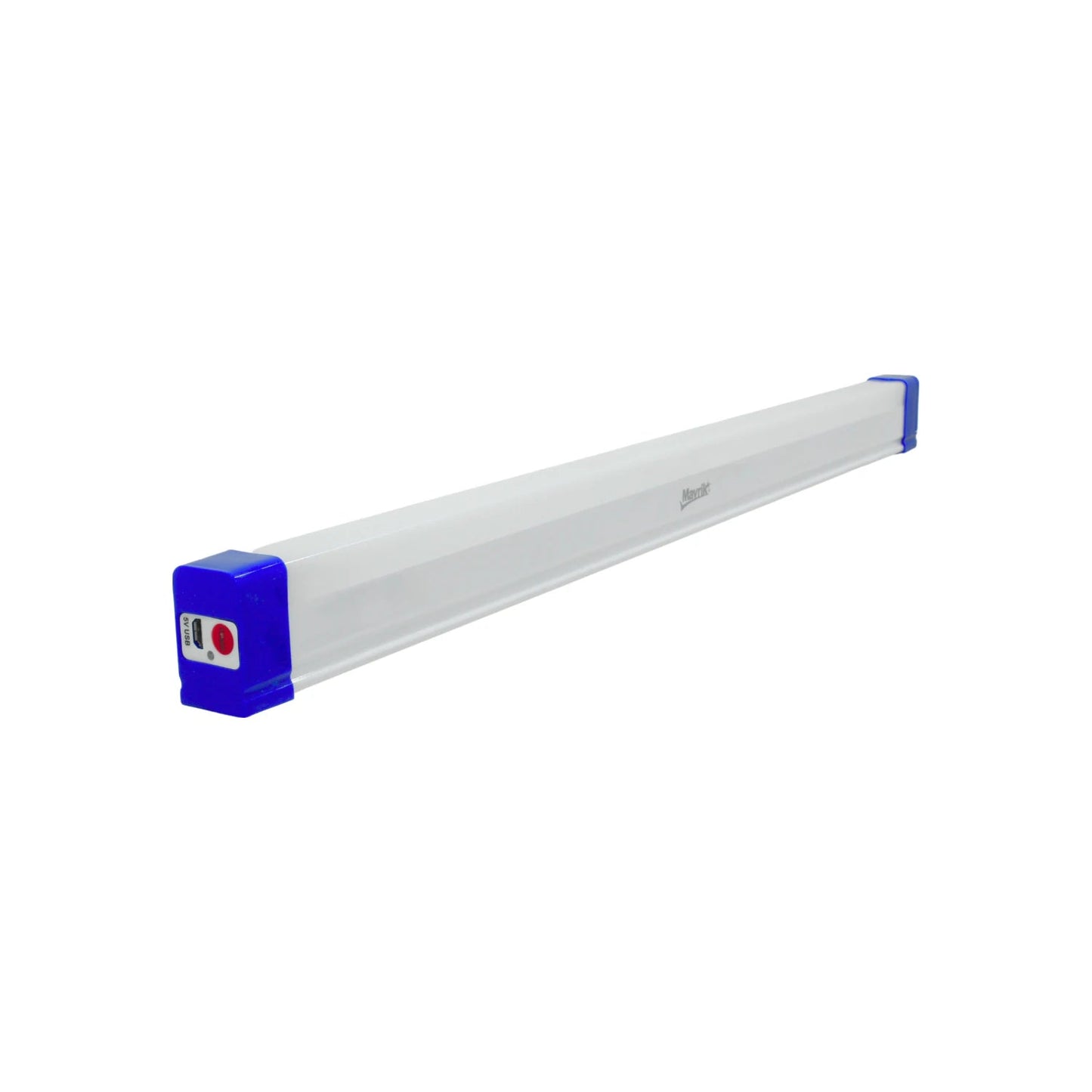 Lámpara de emergencia LED recargable Mavrik, blanca con tapas azules, puerto USB y botón.