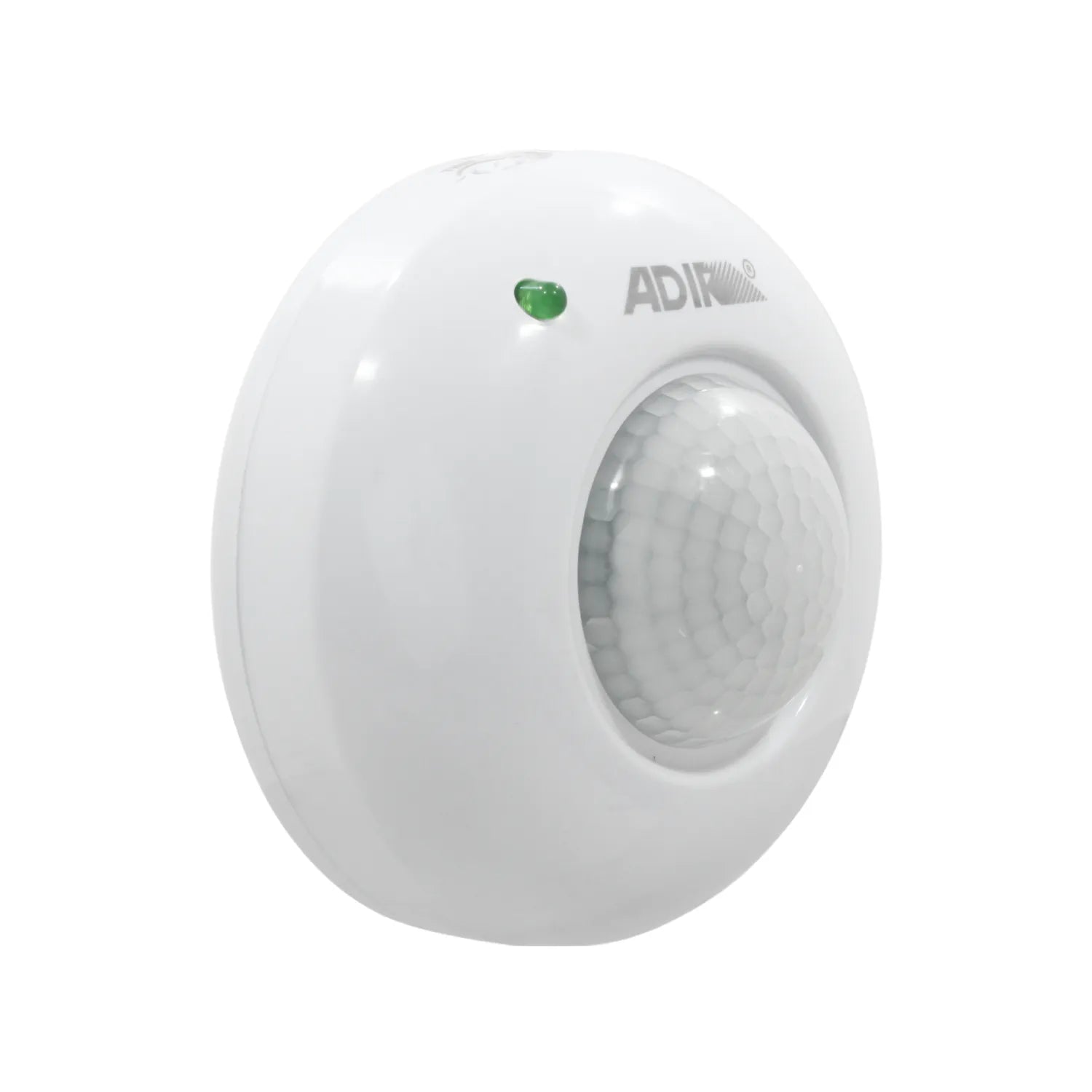 Sensor de movimiento PIR Adir circular blanco con indicador LED verde para control de iluminación y seguridad.
