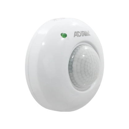 Sensor de movimiento PIR Adir circular blanco con indicador LED verde para control de iluminación y seguridad.