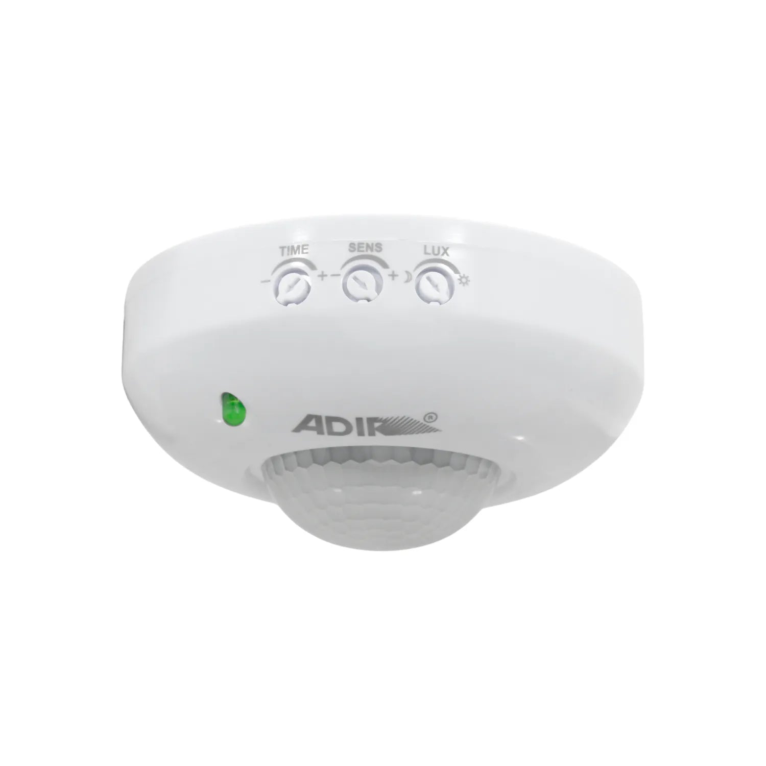 Sensor de movimiento infrarrojo ADIR para techo blanco con ajustes de tiempo, sensibilidad y luz.