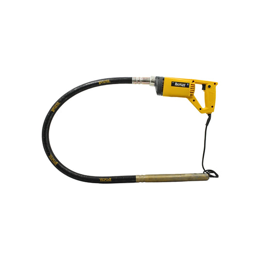 Vibrador de concreto Tulplus portátil amarillo con eje flexible y aguja vibrante para compactación de hormigón.