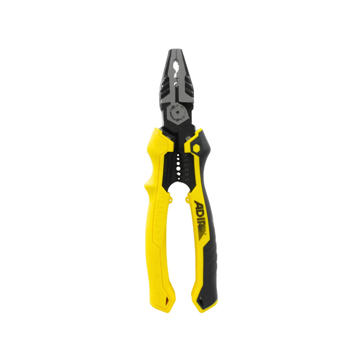 Pinza multiusos Adir con pelacables integrado y mango ergonómico amarillo y negro para instalaciones eléctricas.