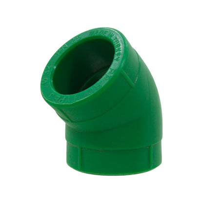Codo PPR-RC verde 32mm 45°, PN25 tipo 3, para tuberías de agua. Fabricado en Turquía.
