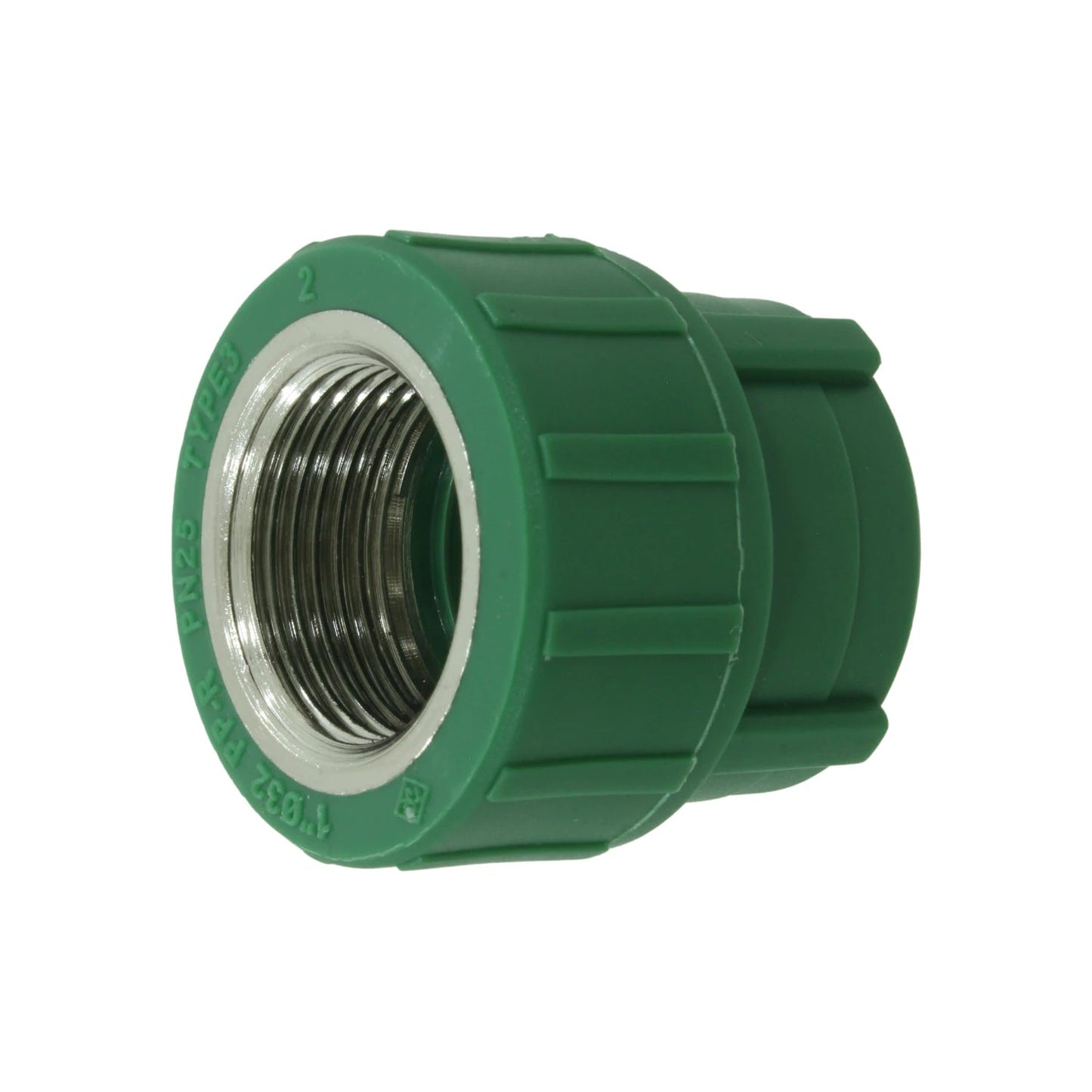 Adaptador PPR hembra rosca 1" a tubo 32mm, color verde PN25 para fontanería.
