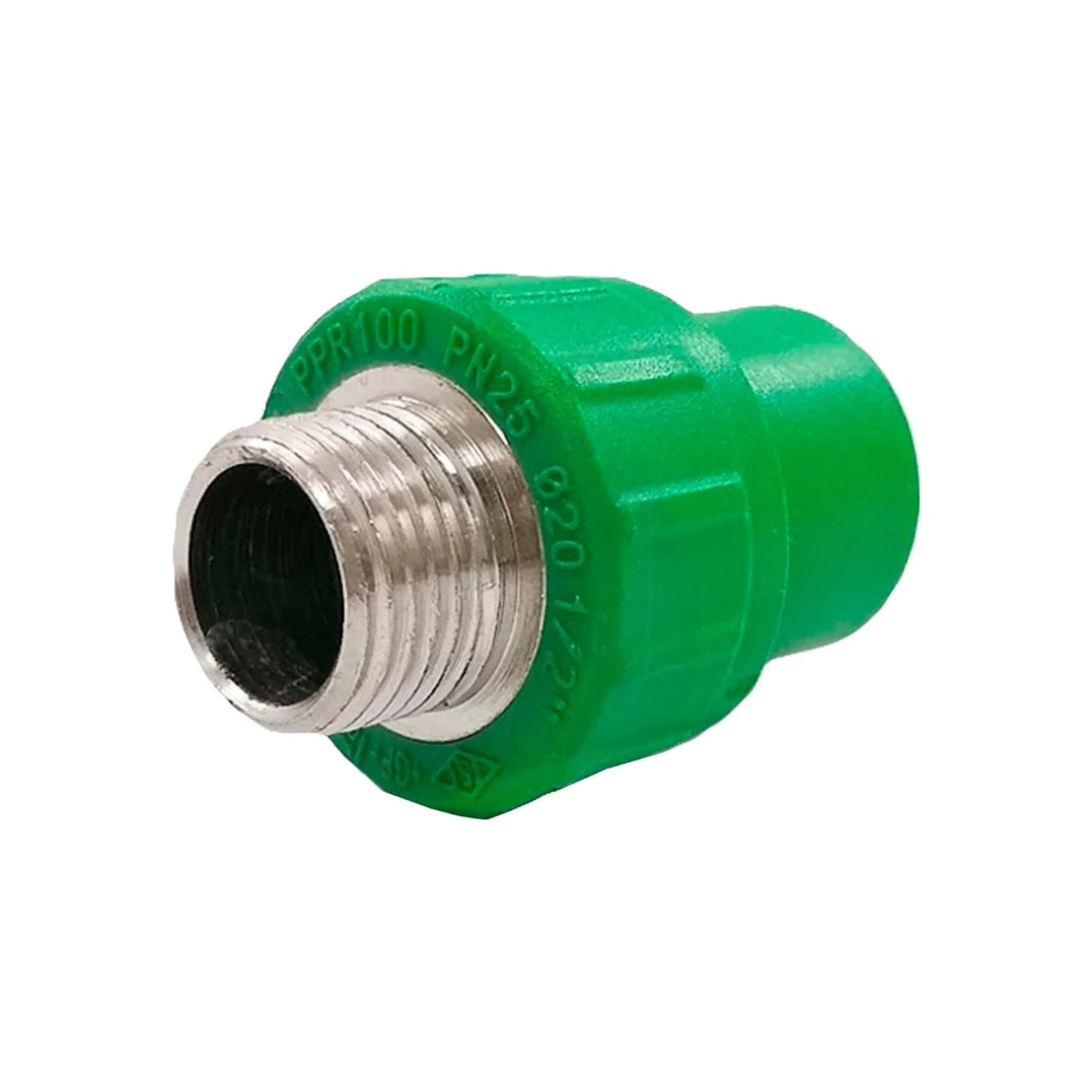 Conector PPR macho verde con rosca metálica, 1/2 pulgada (Ø20) PN25, ideal para tuberías de agua