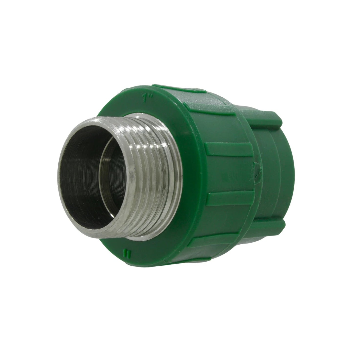 Conector PPR macho de 1 pulgada con rosca metálica, color verde para instalaciones de fontanería