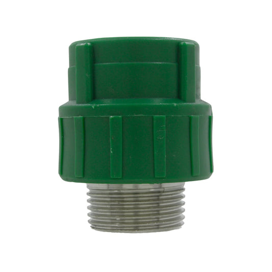 Conector PPR macho 1 pulgada verde con rosca metálica para fontanería