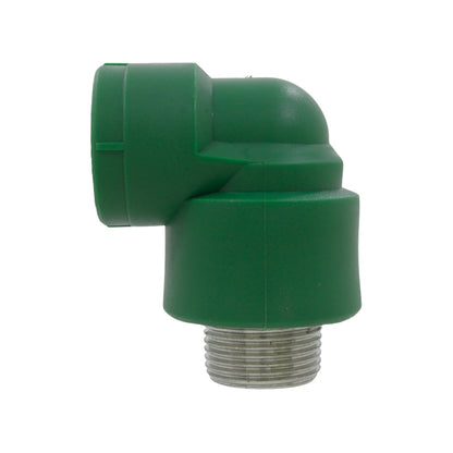 Codo PPR verde 90° con rosca macho de 25mm (3/4") para instalaciones hidráulicas de fontanería.