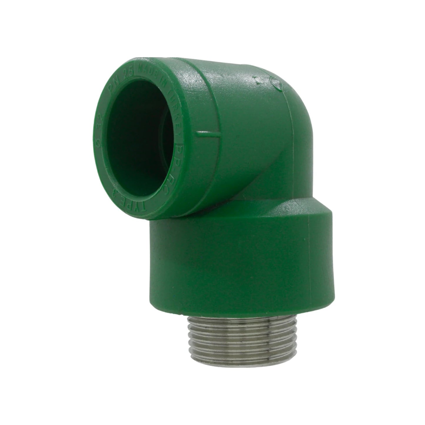 Codo PPR verde 90° rosca exterior macho PN25 para tubería 1 pulgada fontanería