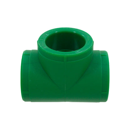Conexión Tee PPR verde 32mm (1 pulgada) para tuberías de agua potable y sistemas de plomería.