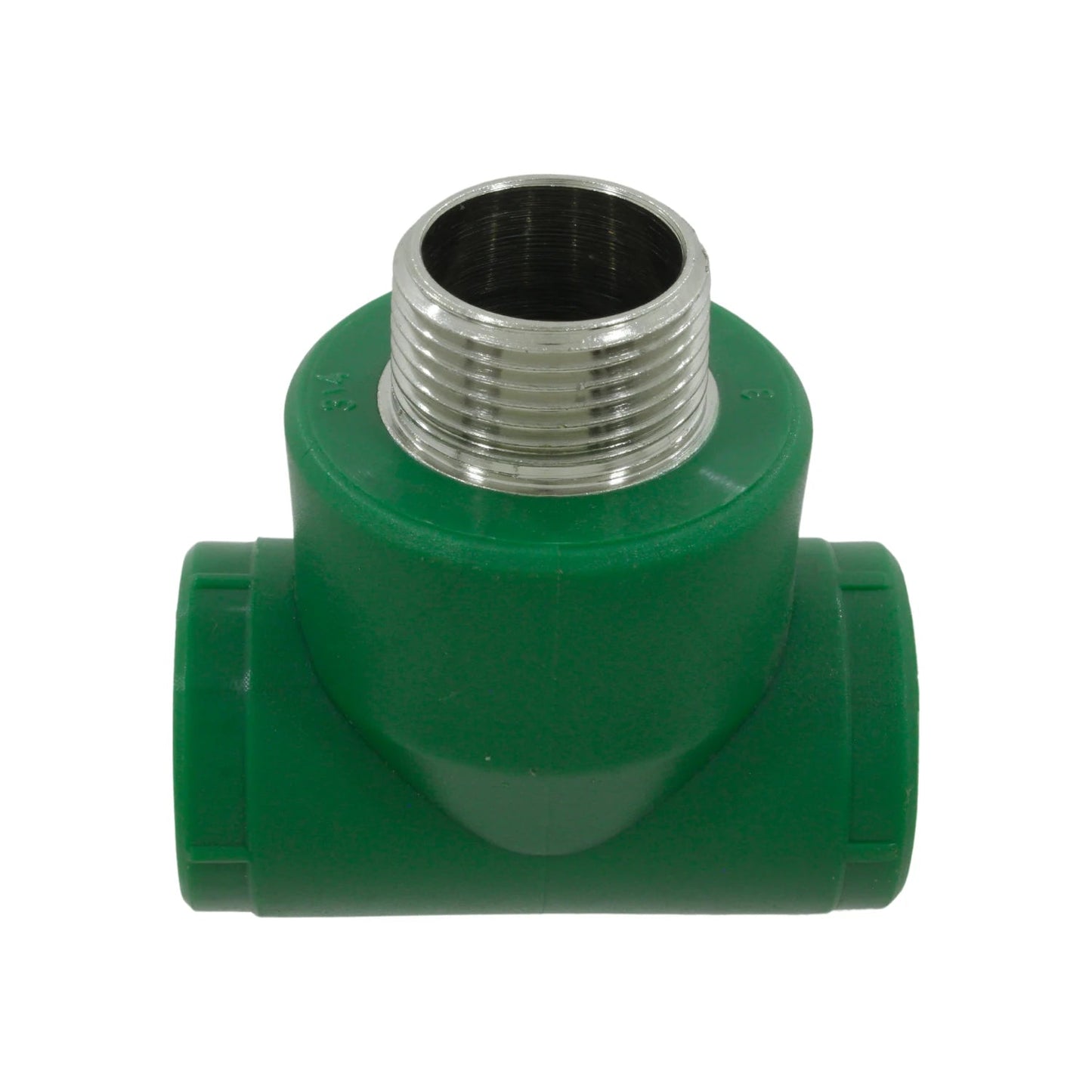 Tee PPR verde 3/4" (25mm) rosca macho metálica para fontanería y tuberías de agua.