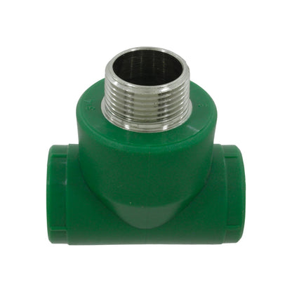Tee PPR verde 3/4" (25mm) rosca macho metálica para fontanería y tuberías de agua.