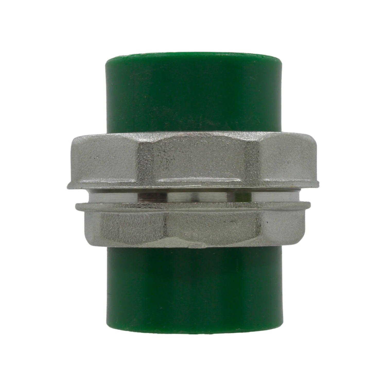 Tuerca unión PPR verde 32mm, conector plástico-metálico para tubería de fontanería.
