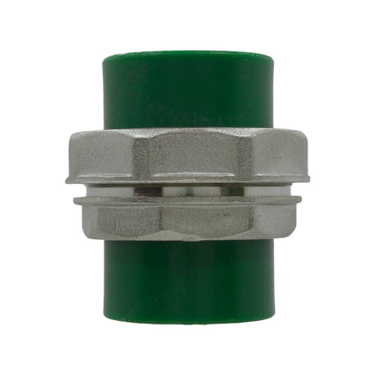 Tuerca unión PPR verde 32mm, conector plástico-metálico para tubería de fontanería.