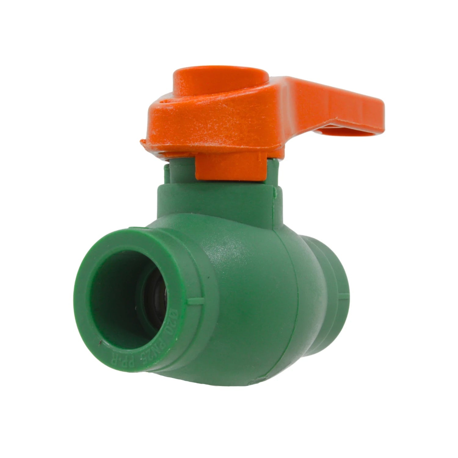 Válvula esfera plástica PPR D20 PN25 verde con maneta naranja